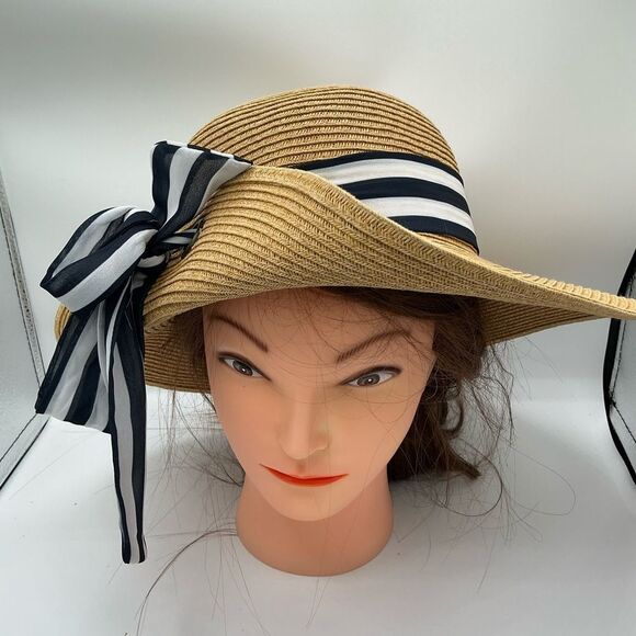Dana Buchman Accessories - DANA BUCHMAN Straw Sun Hat with navy and white bow, adjustable strap
